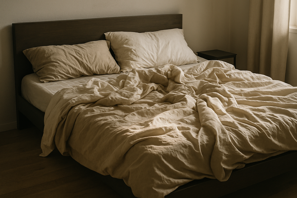 bed with sheets and blankets messed up